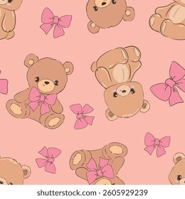 Cute Teddy Bear and pink bow pattern seamless, vector illustration Hand Drawn Cute print design
