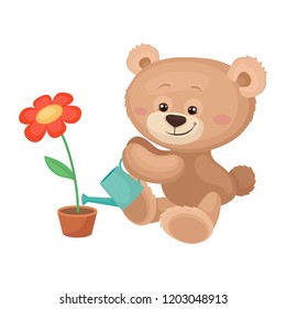 Cute teddy bear with pink cheeks and shiny eyes watering blossoming flower. Plush children toy. Flat vector icon