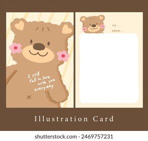 cute teddy bear with pink flowers on yellow background. illustration Valentine day card.