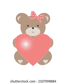 Cute Teddy Bear With Pink Heart. Happy Valentine's Day Card, Poster, Baby Shower Invitation  Mockup.  Cartoon Vector Illustration.