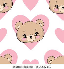 Lindo oso de peluche y patrón de corazón rosa sin costuras, Ilustración vectorial dibujado a mano Lindo diseño de impresión