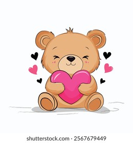Cute teddy bear with pink heart vector illustration, valentines day concept 
