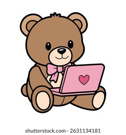 Urso de pelúcia bonito com ilustração de laptop rosa