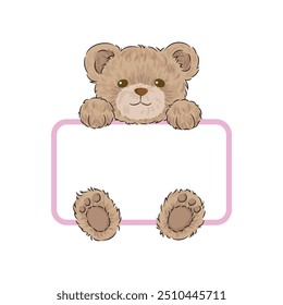 Cute Teddy Bear With Pink Outline White Card, Printable Baby Shower Name Tag For Baby Girl