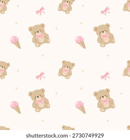 Cute Teddy Bear with Pink Ribbon and Ice Cream Seamless Pattern on Cream Background