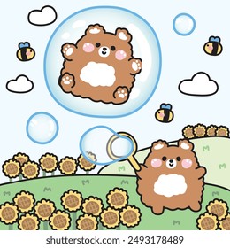 Oso de peluche lindo jugar burbuja de jabón en el jardín de girasol. Oso permanecer en burbuja con abeja en el fondo del cielo. Dibujo animado de personaje animal salvaje design.Kawaii.Vector.Illustración.