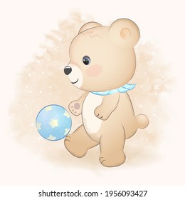 Cute teddy bear playing football hand drawn illustration