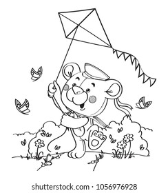 Cute teddy bear playing with a kite on a summer sunny day vector contour