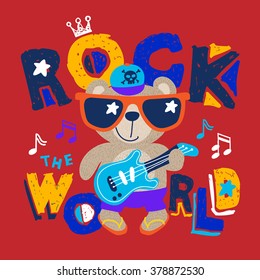 Cute teddy bear playing rock guitar. Print design idea for jersey fabrics. hand drawn graphic. Vector design for your projects.
