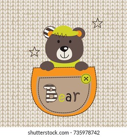 Cute Teddy bear in the pocket over knitting texture background. Vector illustration. T-shirt, sleeping wear, greeting card design.