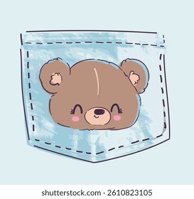 Cute Teddy Bear in the pocket vector illustration Hand Drawn Cute print design