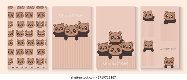 Cartel lindo del oso de peluche, tarjetas, ilustración de Anuncio con el estilo del dibujo a mano de la historieta del Vector del oso de peluche