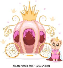 Cute teddy bear princess near fairy carriage