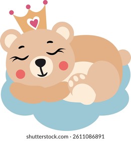 Cute teddy bear princess sleeping with a crown on her head
