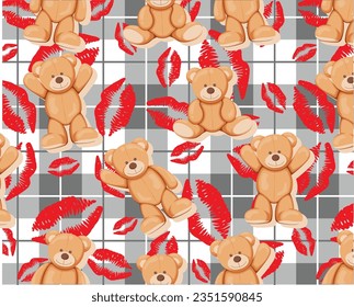 adorable estampado de oso de peluche con labios rojos sobre fondo de pláygos