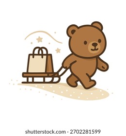 Bonito ursinho puxando Sled compras inverno Cartoon Vetor