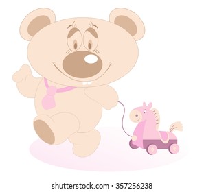 Cute Teddy Bear pulling a toy horse
