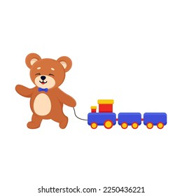 Cute teddy bear pulls a toy train on a rope, cartoon character vector illustration. Comic bear with blue elements for scrapbook or decoration, baby gender reveal isolated on white