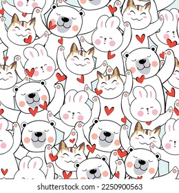 Cute teddy bear rabbit bunny and kitty cat with heart seamless pattern