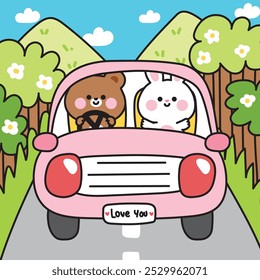 Cute teddy bear and rabbit bunny drive car on the jungle road background.Traffic.Vehicle.Travel.Trip.Love.Animal character cartoon design.Image for card,poster,baby clothing.Kawaii.Vector.Illustration