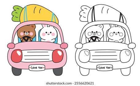 Cute teddy bear and rabbit bunny drive car have big carrot.Traffic.Vehicle.Animal character cartoon design.Image for card,poster,baby clothing.Kawaii.Vector.Illustration