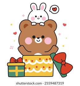 Cute teddy bear and rabbit bunny stay in bow gift box.Heart.Surprised.Presents.Birthday.Celebrated.Party.Wild and rodent animal character cartoon.Kawaii.Vector.Illustration.