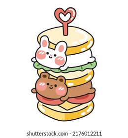 Cute teddy bear and rabbit lay in sandwich.Funny animal character cartoon design.Breakfast hand drawn.Isolated.Kawaii.Vector.Illustration.