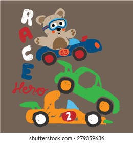 Cute teddy bear racer artwork design. Vector design for kids wear and poster design.