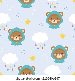 Cute teddy bear and rain seamless pattern. Vector baby background.