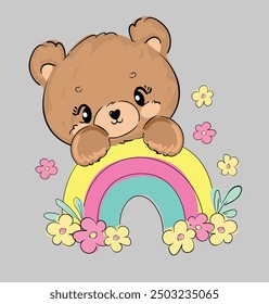 Lindo oso de peluche y arco iris dibujado a mano Ilustración vectorial de impresión para niños