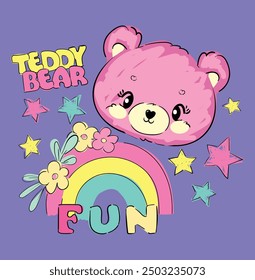 cute teddy bear and rainbow hand drawn kids print vector illustration