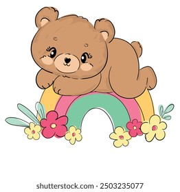 Lindo oso de peluche y arco iris dibujado a mano Ilustración vectorial de impresión para niños