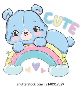 Cute Teddy Bear and Rainbow Kids print vector illustration 