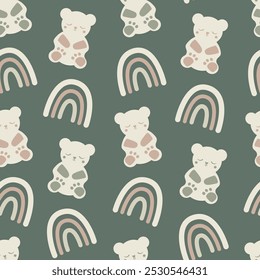 Cute teddy bear and rainbow seamless vector pattern background. Neutral sitting bear cub backdrop. Hand drawn cartoon animals and rainbows. For gender neutral nursery, calm decor, baby products