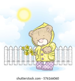 Cute teddy bear in a raincoat and rubber boots holding a bouquet of daffodils. Vector illustration for a card or poster. Spring and warm.
