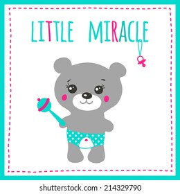Cute teddy bear with rattle. Sweet illustration for card, invitation, baby shower  etc.