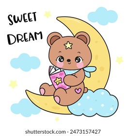 Cute teddy bear read fancy book on moon sweet dream fairy tales. Series: Good night kiss bedtime story Kawaii animals sleeping funny (Character cartoon). For baby t shirt, celebration party, greeting.