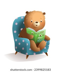 Cute Teddy Bear Leading Book en sillón aislado clipart. Caricatura animal para niños, animales leyendo o estudiando. Libro de cuentos para la educación de los niños. Ilustración vectorial en el estilo acuarela.