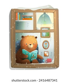 Cute Teddy Bear Reading Book at Winter Window at Night. Animal cartoon for kids, reading a fairytale or studying in winter night. Watercolor style vector illustration for children school education.