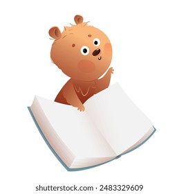 Lindo osito de peluche leyendo un libro. Lindo animal con cuaderno o libro abierto, dibujos animados de jardín de infantes. Ilustración de aprendizaje y educación escolar para niños. Ilustración del Clipart del Vector dibujado a mano para los niños.