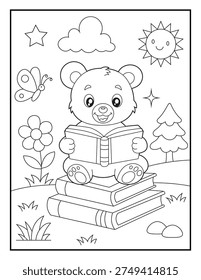 Cute Teddy Bear Reading Book Coloring Page for Kids.   Simple Cartoon Animal Line Art Printable Activity Sheet for Children. Back to School Worksheet
