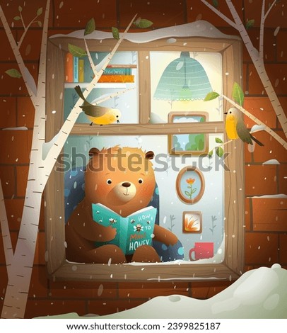 Cute Teddy Bear Reading Book Home at Winter Window. Animal cartoon for kids, reading a fairytale or studying in winter night. Watercolor style vector illustration for children school education.