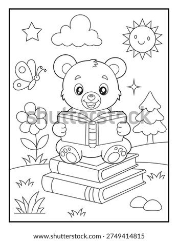 Cute Teddy Bear Reading Book Coloring Page for Kids.   Simple Cartoon Animal Line Art Printable Activity Sheet for Children. Back to School Worksheet