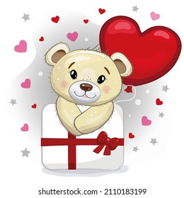 Cute teddy bear with a red balloon in the shape of a heart and a gift. Teddy bear on a grey background with hearts. Vector cartoon illustration for Valentine's day or birthday.