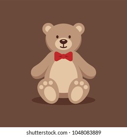 Cute teddy bear with red bow tie on brown background. Funny stuffed toy flat illustration.