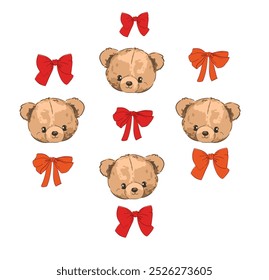 Cute Teddy Bear and red bow vector illustration Hand Drawn Cute print design