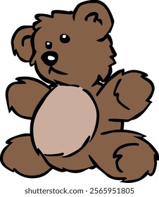 Cute teddy bear with red bow tie on brown background. Funny stuffed toy flat illustration.