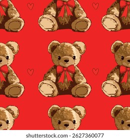 Cute Teddy Bear and red bow pattern seamless, vector illustration Hand Drawn Cute print design