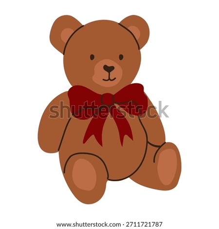 Cute teddy bear with a red bow sitting on a white background for children and decoration