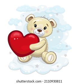 Oso de peluche con un oído rojo en las patas. Oso de peluche sobre un fondo de nube con estrellas. Ilustración de dibujos vectores para el día de San Valentín o el cumpleaños.